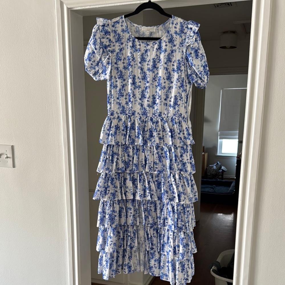 Caroline Constas White and Blue Tiered Midi Dress